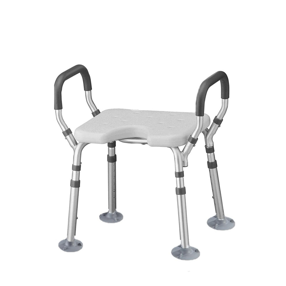 White Adjustable Nonslip Shower Chair For Elderly With Arms, Ushaped Seat, Height Adjustable Bath Chair For Seniors
