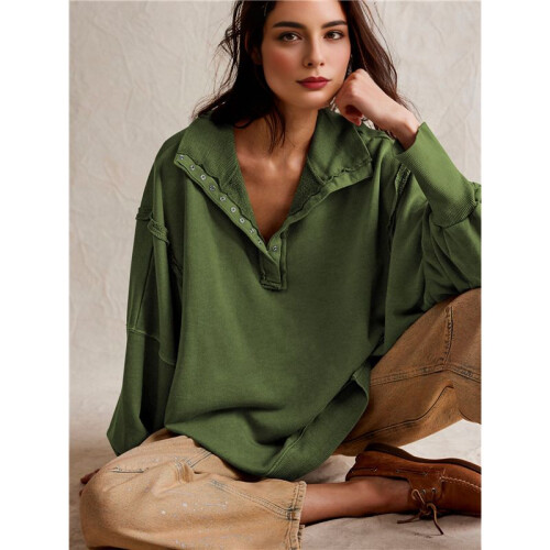Women'S Button Oversized Side Slit High Low Sweatshirt Long Sleeve Reverse Seam Pullover Tunic Tops Army Green M 1