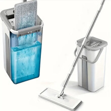Flat Mop and Bucket Set with 2 Reusable Pads, Hands Self Wringing System for Wet and Dry Floors