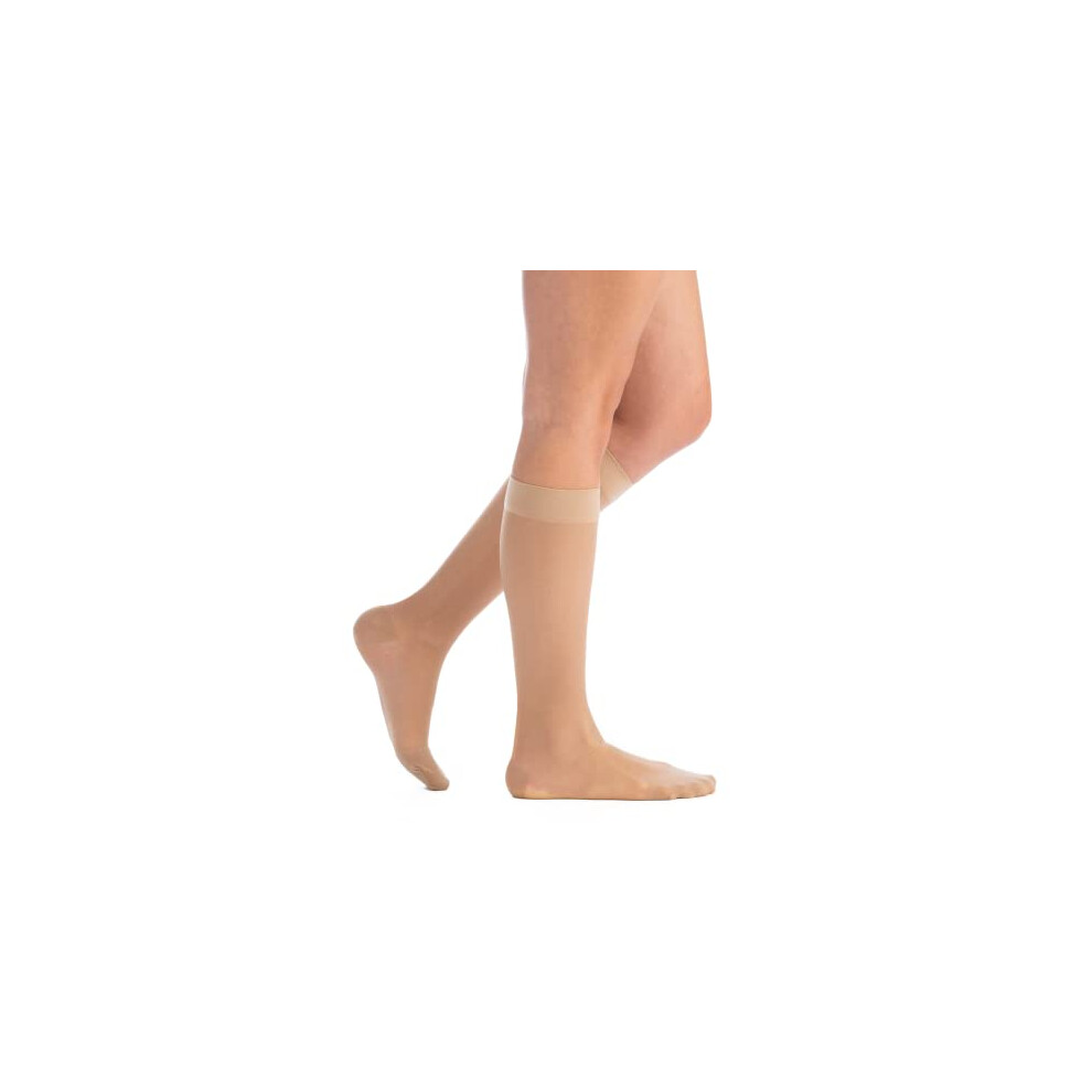 Beige Women's Knee Compression Socks 815 Mmhg Sheer Lightweight Mild Graduated Support For Travel And Work