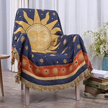 Bohemian Throw Blanket 180x230cm Blue Sun and Moon Cotton Woven Boho Tassel Design Sofa Bed Throw