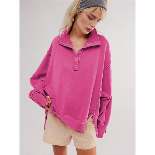 Women'S Button Oversized Side Slit High Low Sweatshirt Long Sleeve Reverse Seam Pullover Tunic Tops Rose Red S 1