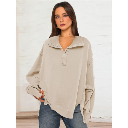 Women'S Button Oversized Side Slit High Low Sweatshirt Long Sleeve Reverse Seam Pullover Tunic Tops Apricot S 2