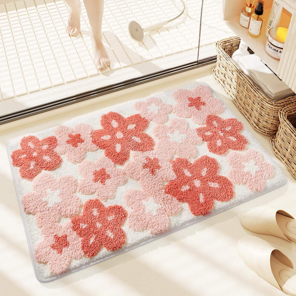 NonSlip Floral Bath Mat, Water Absorbent Microfiber Bathroom Rug for Kids 16x24