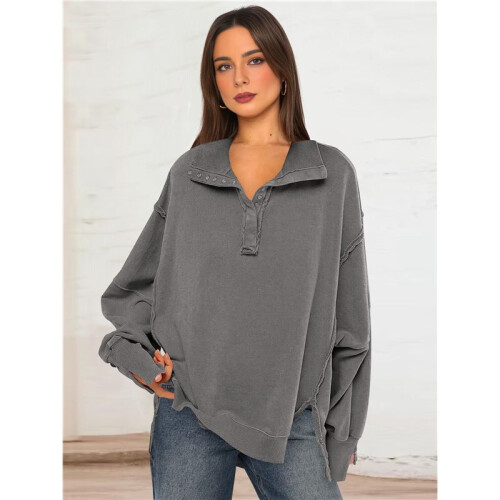 Women'S Button Oversized Side Slit High Low Sweatshirt Long Sleeve Reverse Seam Pullover Tunic Tops Grey M 2