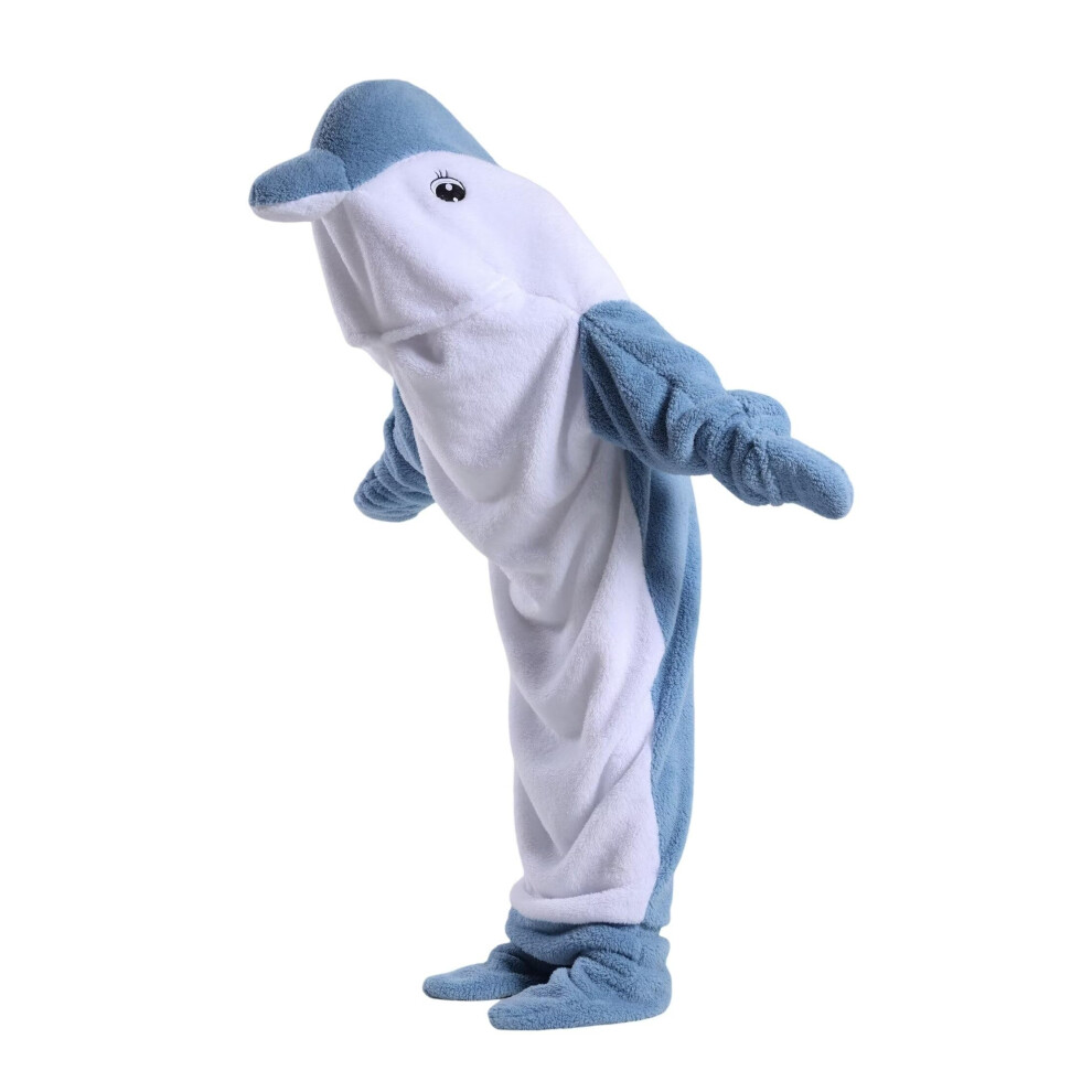 Dolphin Wearable Blanket For Kids, Soft Pluffy Hooded Sleep Sack For Toddlers, Lightweight Cozy Xxs Blue