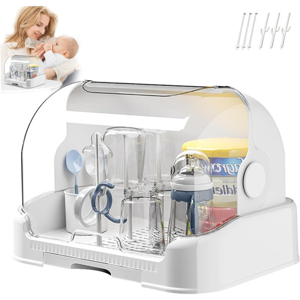 Dustproof Baby Bottle Drying Rack With Cover And Removable Drain Tray, Large Capacity Organizer White