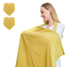 Muslin Nursing Cover for Breastfeeding, Breathable Cotton Privacy Design with Arch Neckline and Two Baby Bibs