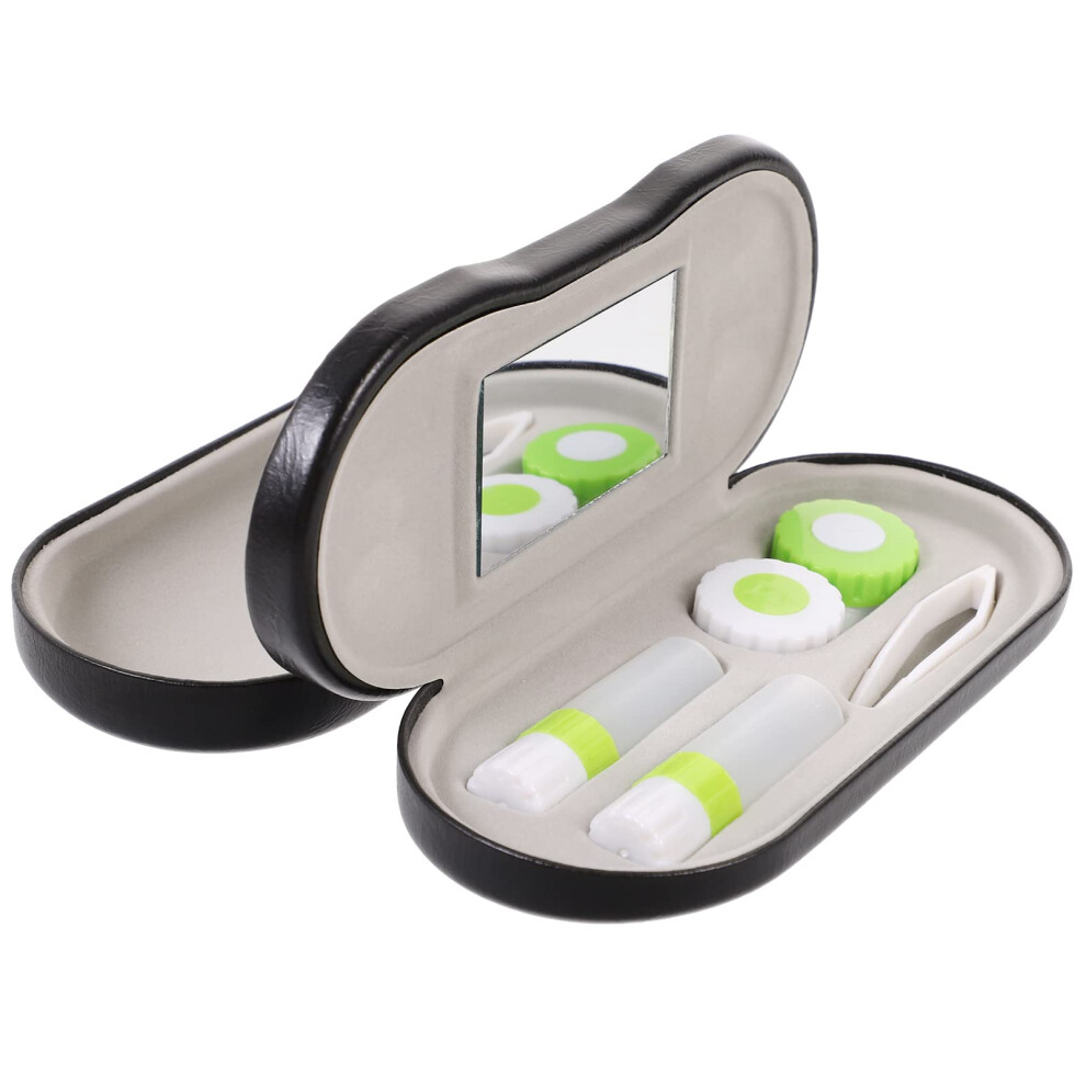 Black 2In1 Contact Lens And Eyeglass Case With Builtin Mirror, Tweezer And Solution Bottle For Travel,