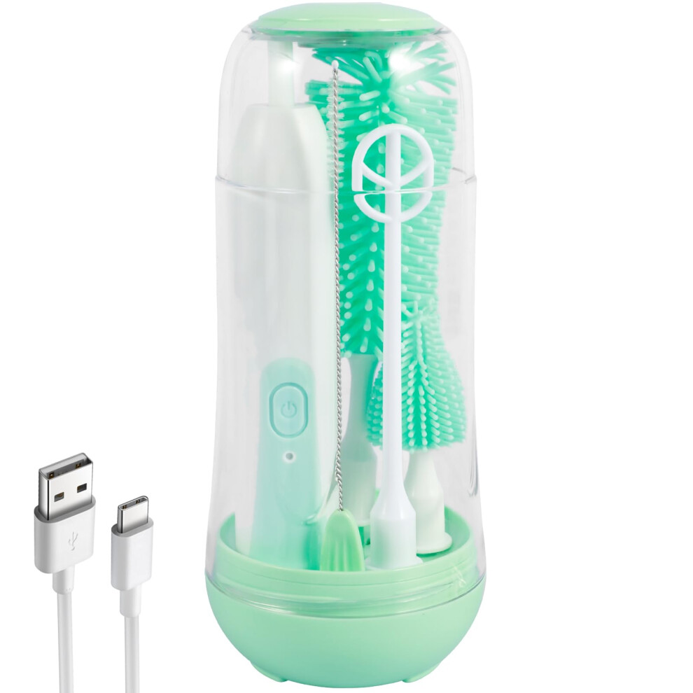 Electric Baby Bottle Brush Set With Silicone Nipple Brush, Rechargeable 360 Rotation Cleaner, Green