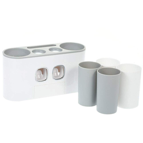 Automatic Toothpaste Dispenser and Wall Mounted Toothbrush Holder with Cup Storage for Bathroom 1