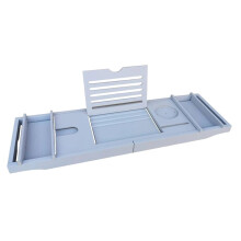 Adjustable Bamboo Bathtub Tray 29.53''42.91'' Blue Expandable Bath Caddy with Wine and Book Holder