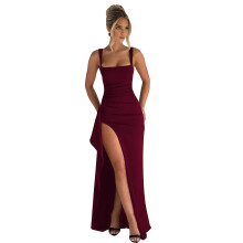 Damen Abendkleider Ärmellos Figurbetont Gerafft Hoch Schlitz Maxikleid Cocktail Weinrot S