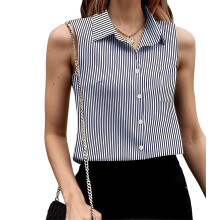 Chemise Boutonnée Sans Manches pour Femme, Col en V, Style Décontracté, Style Business Bleu L