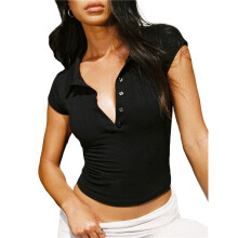 Polos à Manches Courtes et Col en V pour Femmes, Chemises Ajustées Boutonnées. Noir L