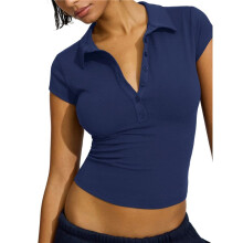 Polos à Manches Courtes et Col en V pour Femmes, Chemises Ajustées Boutonnées. Bleu Marine M