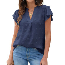 Damenbluse mit V-Ausschnitt, Rüschenärmeln, Fließende Hemden, Elegant, Lässig, Süß, Sommeroberteile Marineblau M