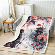 Japanese Fleece Throw Blanket Red and Black Sherpa Blanket with Samurai and Cherry Blossom Design 50x60
