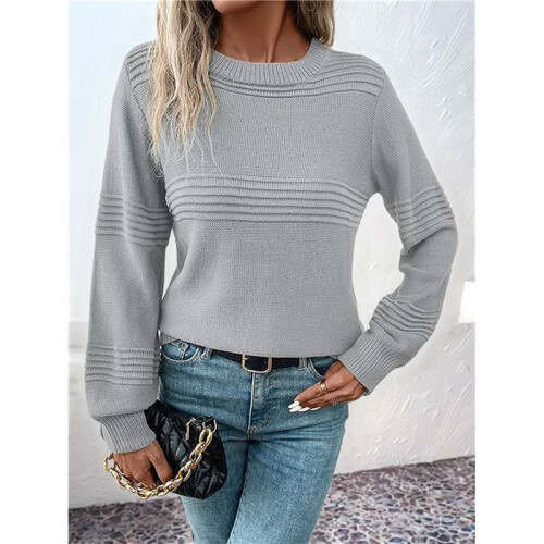 Womens Sweaters Casual Crew Neck Tops Long Sleeve Ribbed Knit Solid Pullover Dark Gray M 1