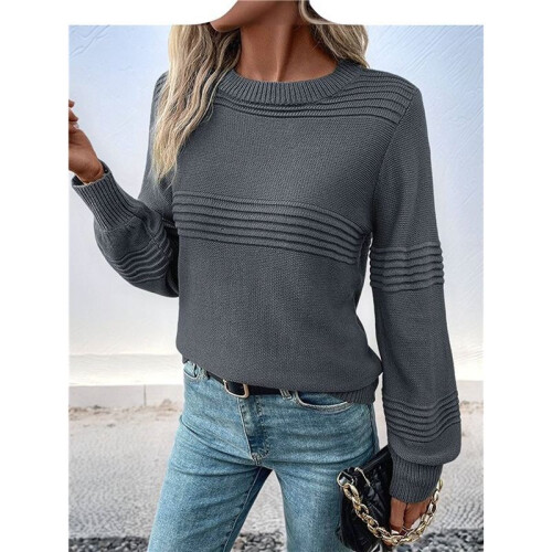 Womens Sweaters Casual Crew Neck Tops Long Sleeve Ribbed Knit Solid Pullover Navy  S 2