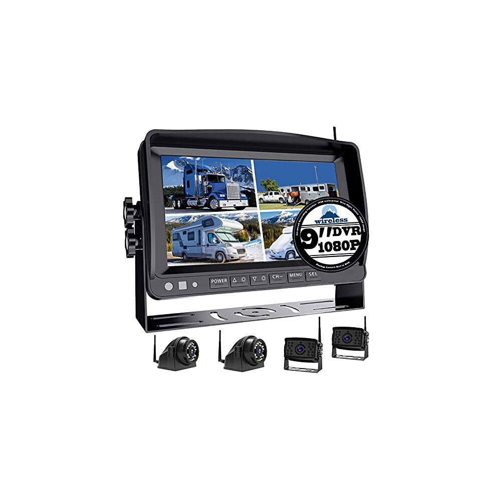 1080P Wireless Backup Camera System For Truck And Rv, 9Inch Quad Split Screen Dvr Monitor, Ip69 Waterproof, Night Vision 9073542260691