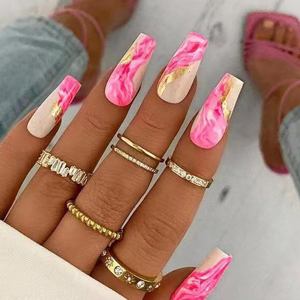 Gold Marble Press On Nails With Glue Coffin Ballerina Acrylic Fake Nails Line Readytowear Manicure