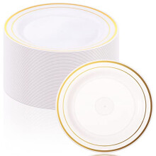 300 Pack Disposable Plastic Dinner Plates 10.25 Inch White and Gold Rim Plates for Wedding Party Events