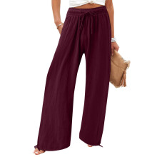 Women's cotton and linen leggings, high-waisted,-Burgundy M