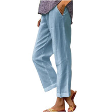 Women's cotton and linen trousers, stretch high-waisted-Blue L