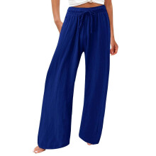 Women's cotton and linen leggings, high-waisted,-Blue XL