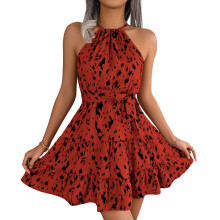 Women's Dress Print Tiered Ruffle Skirt with Belt-Red XL