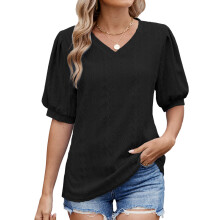T-shirt décontracté à manches 3/4 à volants et col en V-Noir XXL