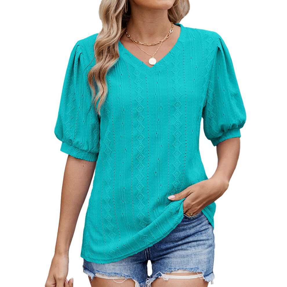 Green Womens Business Casual V Neck 3/4 Ruffle-Malachite M