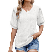 T-shirt décontracté à manches 3/4 à volants et col en V-Blanc L