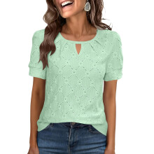 Womens Trendy Eyelet Casual Cotton Keyhole Neck Short-Green M