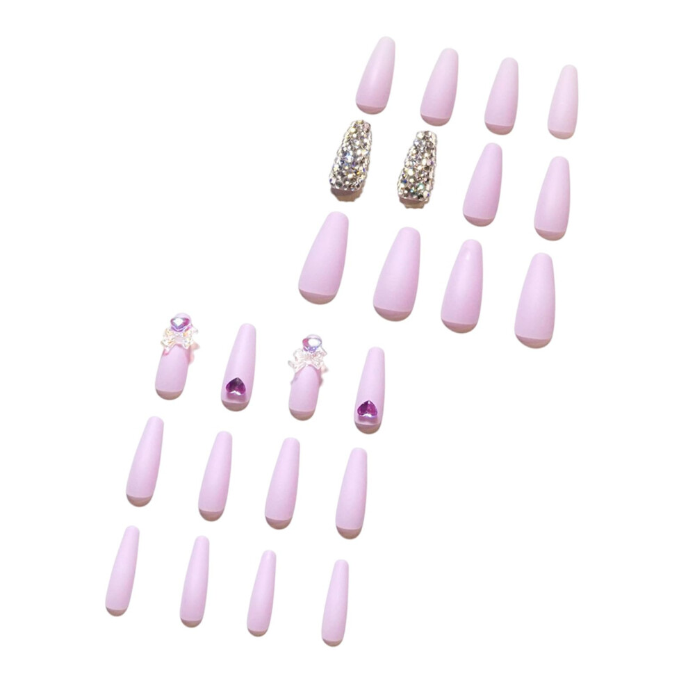 Purple Long Ballerina Diamond Coffin Press On Nails Glossy Set With Glue For Women And Girls 24Pcs