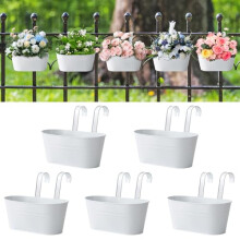 5 Pcs Metal Hanging Flower Pots with Drainage Holes, Rust‑Resistant Railing Planters for Balcony and Porch Fence, White