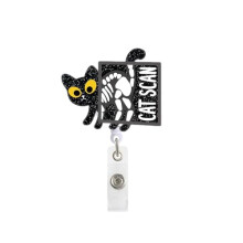 Black Glitter Retractable Badge Reel for Nurses Funny Cat ID Holder with Secure Alligator Clip