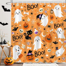 Halloween Shower Curtain 72x72 Inch Orange Boo Cat Pumpkin Ghost Design with 12 Hooks Cute Halloween Bathroom Decor