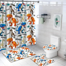 Funny Dinosaur Shower Curtain and Rug Set for Kids Bathroom, Waterproof Colorful Cartoon Dino Decor