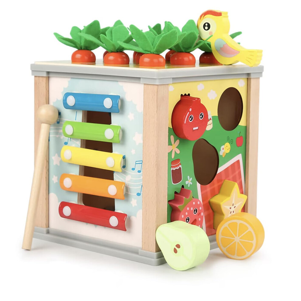 6in1 Wooden Activity Cube Montessori Toy for Toddlers with Clock and Shapes Educational Learning