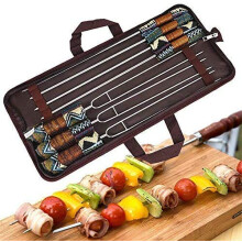 6pcs Stainless Steel BBQ Skewers Set with Wooden Handles for Even Heat Grilling and Easy Cleaning