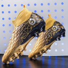 (golden-black, 6 Big Kid) High Top Soccer Shoes with Spikes, Lightweight and Breathable Ground Anti Slip, Youth Outdoor Wide Version Soccer Shoes