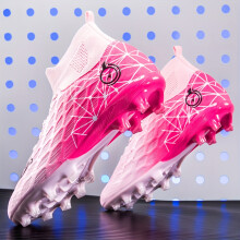 (Pink-Red, 1.5 Big Kid) High Top Soccer Shoes with Spikes, Lightweight and Breathable Ground Anti Slip, Youth Outdoor Wide Version Soccer Shoes