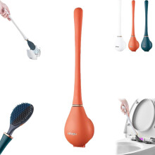 Flexible Silicone Toilet Brush with Holder Set, Wall Mounted Design with Builtin Soap Dispenser and Long Handle