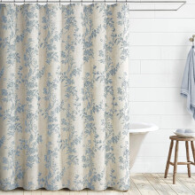 Blue Floral Linen Shower Curtain 72x72, Cottagecore Beige Fabric for Bathroom with Full Coverage and Easy Hanging