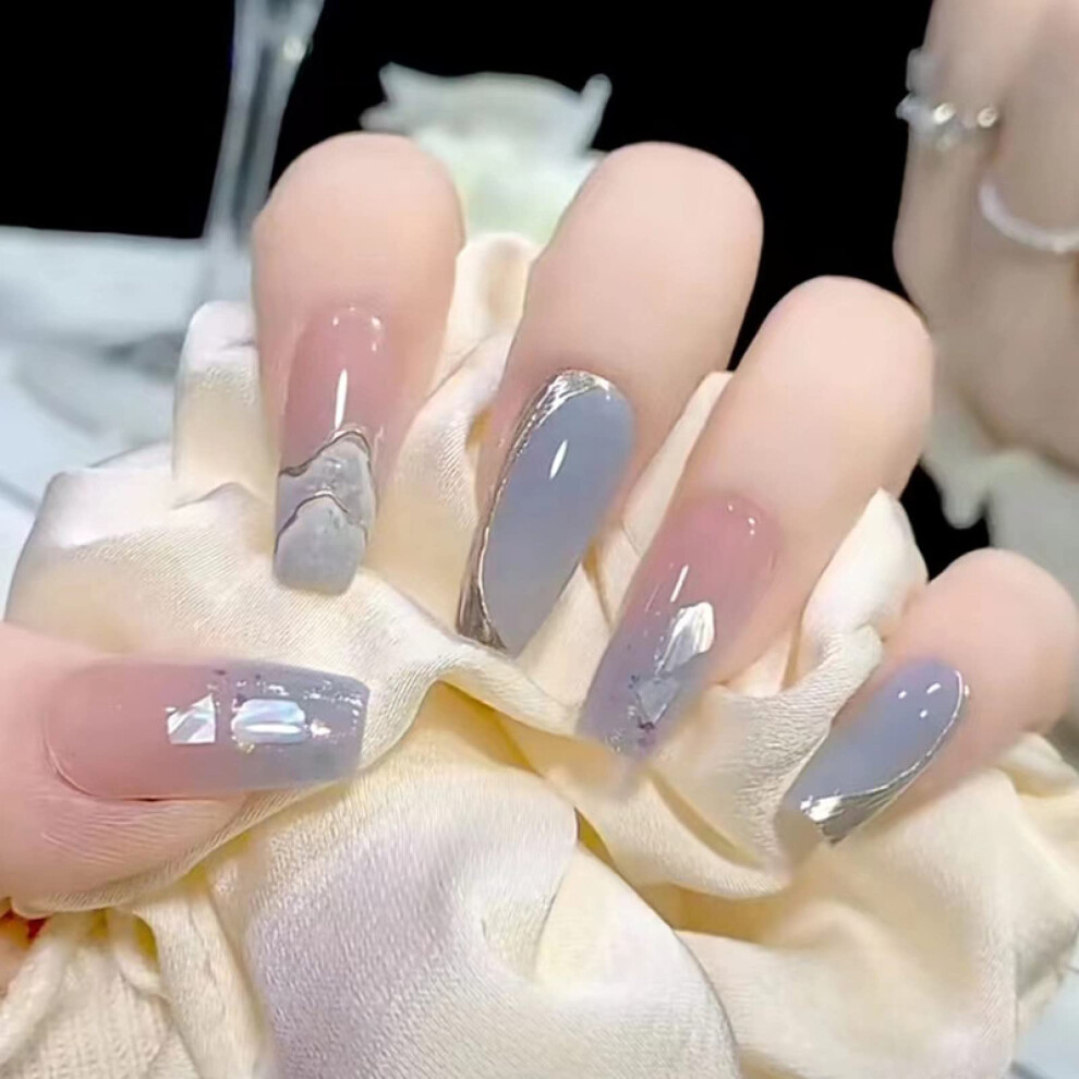 Blue Gradient Press On Nails Set Reusable Fake Nails With Salonstyle Finish 24Pcs For Women