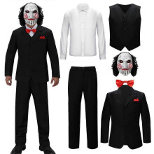 (S, Full Set) Billy Puppet Cosplay Costume For Adult Horror Movie Halloween Party Coat Shirt Vest Pants Bow Tie Mask Takerlama