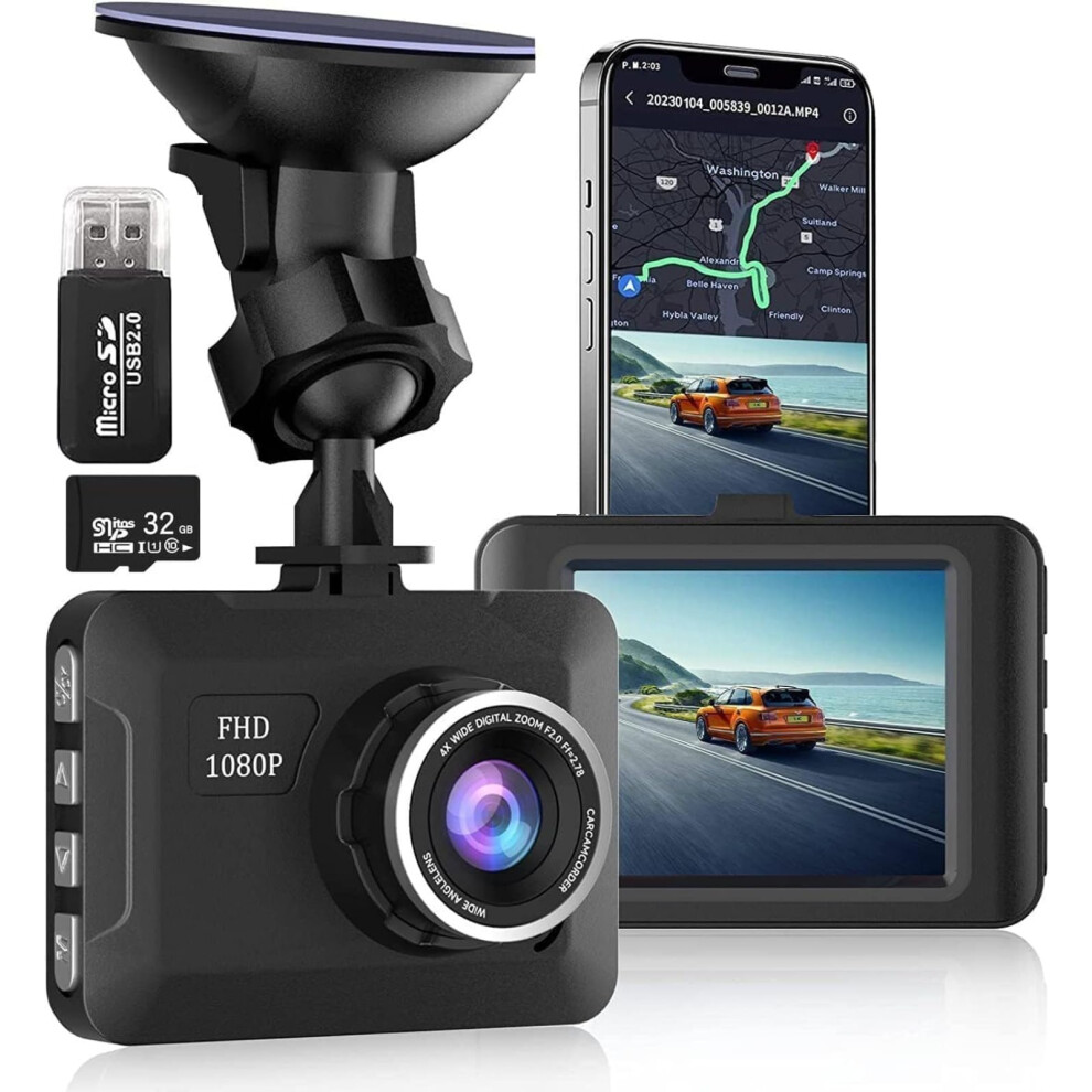 Dash Cam For Car 1080P Fhd Front Camera With Super Night Vision, Gsensor, Loop Recording, 32Gb Card 9330225609162