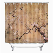 Chinese Style Shower Curtain 72x72 Inches, Waterproof Fabric with Decorative Floral Pattern, Nature Woodland Bathroom Decor with Hooks